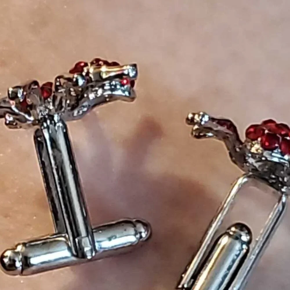 NWT Silver Plated Spider Cufflinks - Bright Red Rhinestones Halloween Gift Goth
